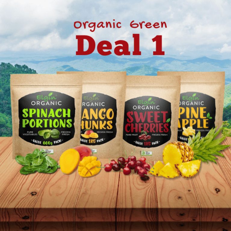 Organic Delight Bundle 4×1 (Spinach 600g, Mango 1kg, Pineapple 1kg, Sweet Cherries 1kg)