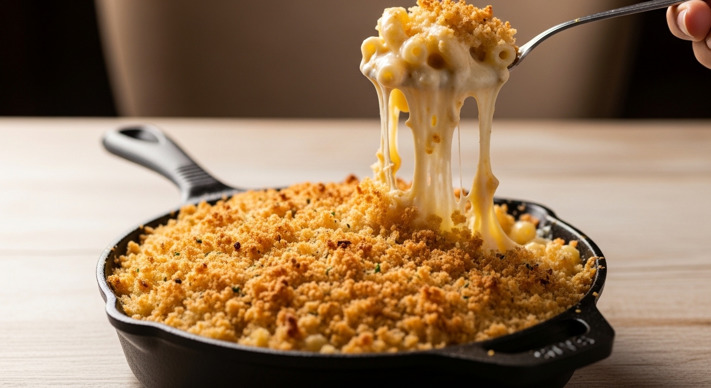 A cast-iron skillet filled with gourmet macaroni and cheese, featuring a crunchy, golden-brown top and a visible creamy cheese pull.