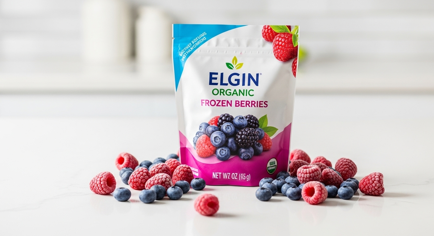 A clean, bright shot of the Elgin Organic frozen berries packaging, perhaps with some loose frozen raspberries and blueberries scattered nearby.