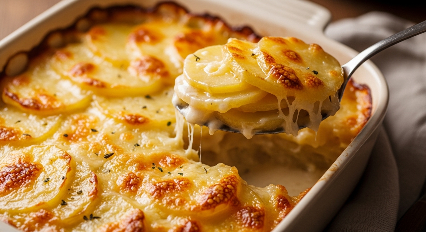 A close-up shot of a golden-brown, bubbling potato gratin in a rustic ceramic baking dish, with a serving spoon lifting out a creamy portion.