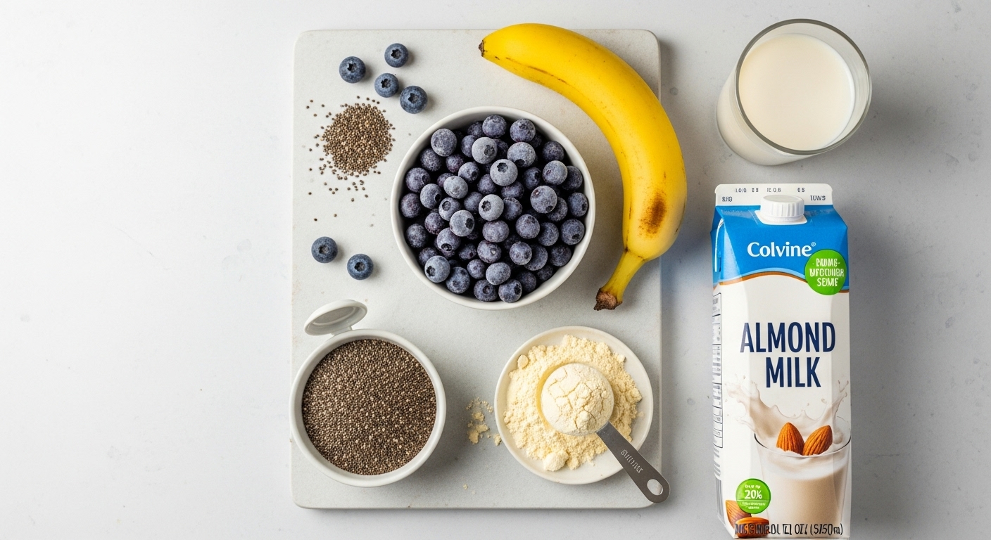 A flat lay of fresh ingredients for a smoothie: a bowl of frozen wild blueberries, a banana, a scoop of protein powder, chia seeds, and a carton of almond milk.