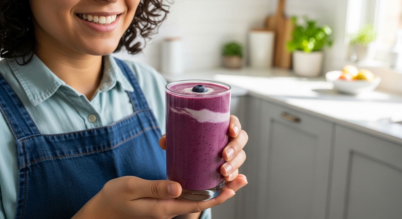 A person smiling and holding a glass of a dark purple smoothie, with a bright and airy kitchen in the background.