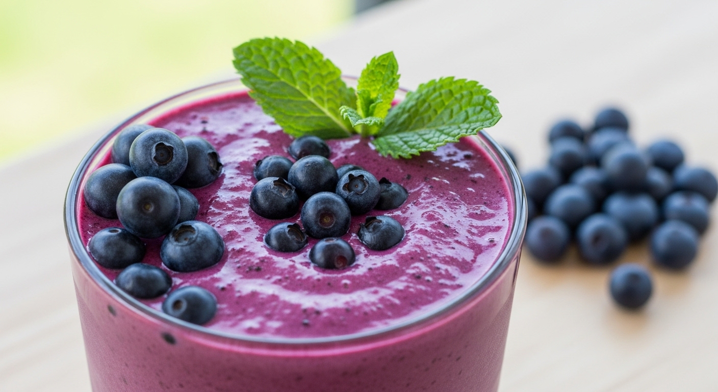 A vibrant, close-up shot of a dark purple wild blueberry smoothie in a glass, garnished with a few fresh mint leaves and whole wild blueberries on the side.
