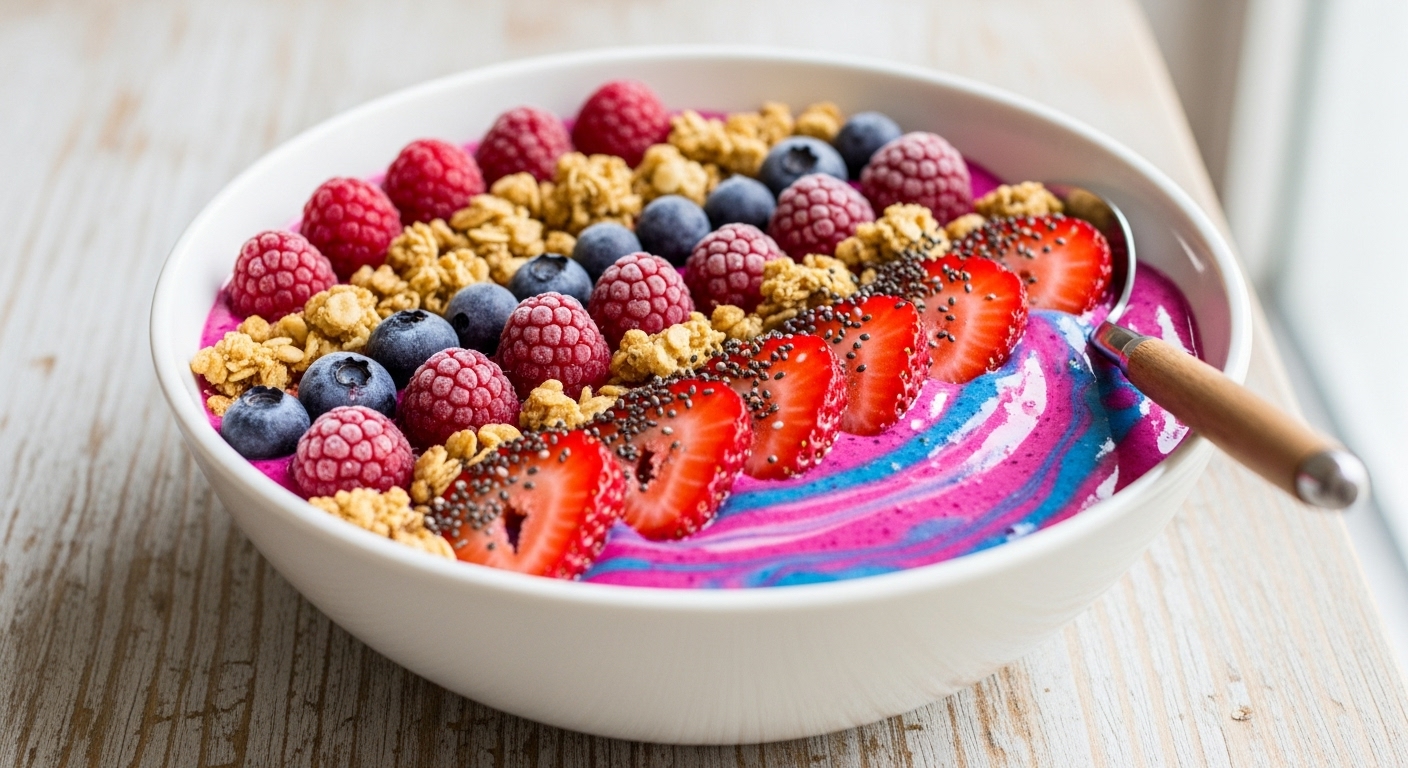 A vibrant, colourful smoothie bowl topped with a variety of Elgin organic frozen berries, granola, and chia seeds.
